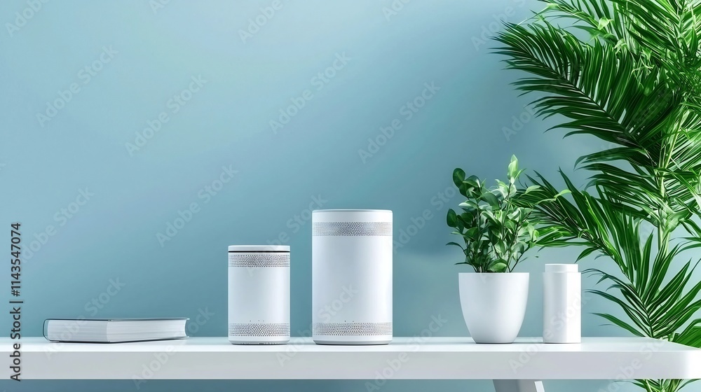 Poster sleek and sophisticated smart home wi fi mesh system with three units placed on a minimalistic and c