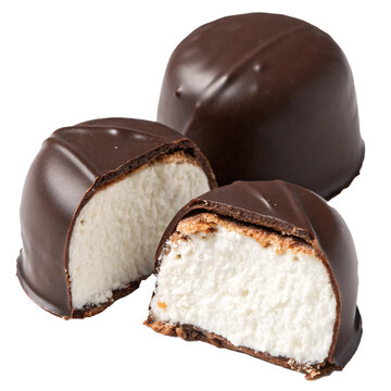 Chocolate-coated marshmallow treats, one cut in half, showing fluffy white filling, isolated on transparent background, concept of sweets