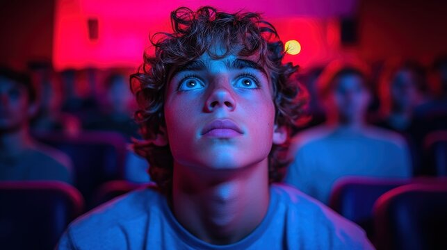 A young man gazes upward, captivated by a cinematic experience in a dimly lit theater.