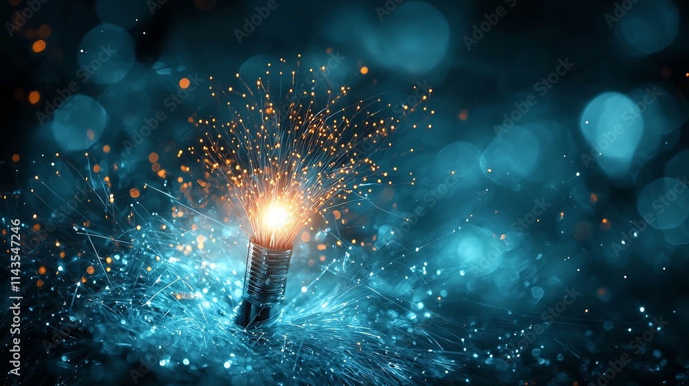 Poster closeup view of a fiber optic patch cord glowing slightly at the tips set against a dark background 
