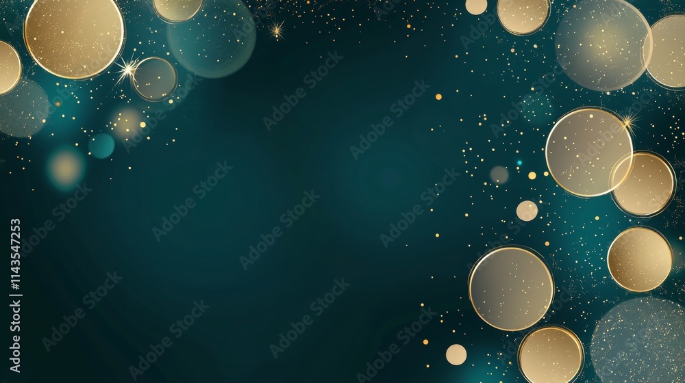 Poster abstract circle glowing gold lines on dark green background with lighting effect and sparkle with co