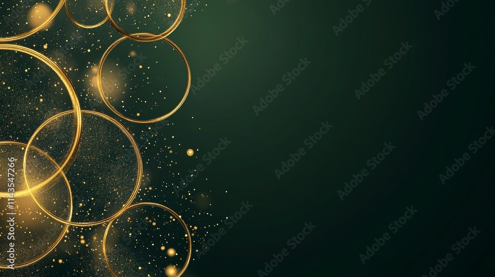 Poster abstract circle glowing gold lines on dark green background with lighting effect and sparkle with co