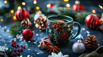Christmas-themed mug surrounded by ornaments, cozy and warm lighting for holiday appeal