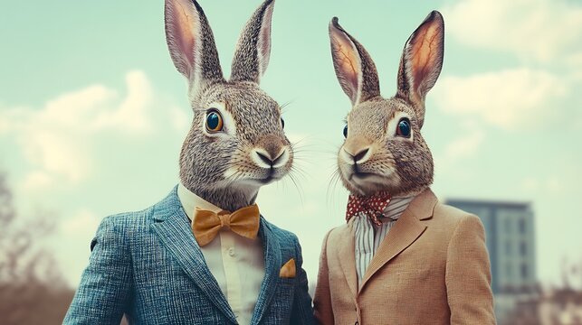 Sophisticated Rabbits in Suits: A Whimsical Springtime Portrait. AI Generated