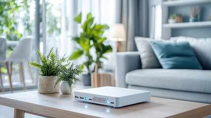 Sleek and Futuristic 5G Wi Fi Router with Glowing LED Indicators Illuminating a Contemporary and Minimalist Home or Office Interior