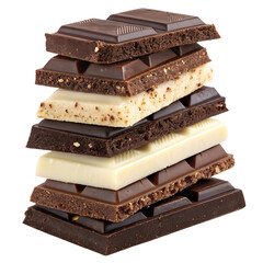 A stack of assorted milk, dark, and white chocolate bars with nuts and smooth textures on a transparent background, concept of indulgence