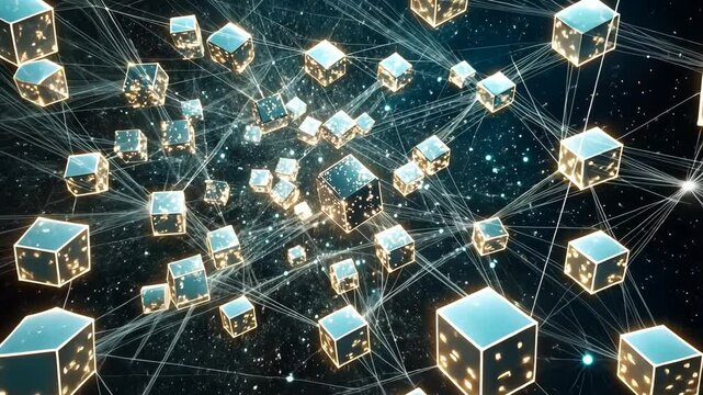 A digital representation of a decentralized blockchain network with interconnected glowing cubes and radiant data streams by Generative AI