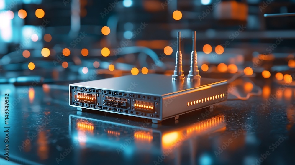 Poster vibrant studio shot of a network bridge device placed on a clean minimal surface with blurred networ