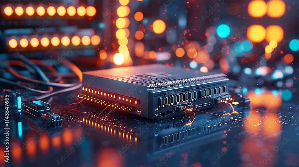 Poster vibrant studio shot of a network bridge device placed on a clean minimalist surface with blurred net