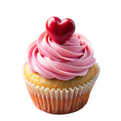 Delicious cupcake with pink frosting and a red heart topper, isolated on transparent background....