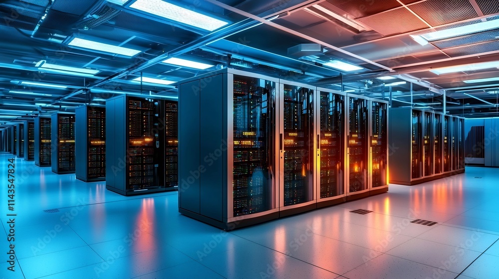 Poster futuristic server room filled with rows of blinking servers glowing ethernet connections and clean c