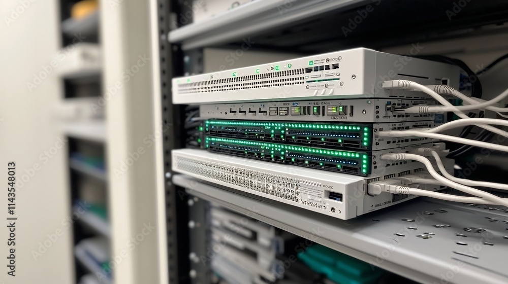 Poster a clear and detailed shot of a network rack mounted switch showcasing its neatly arranged cables and