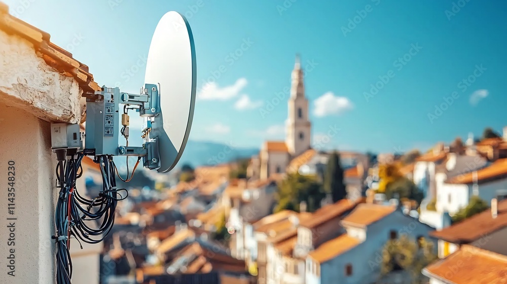 Poster close up view of a wireless networking antenna mounted on the rooftop of a building standing tall ag