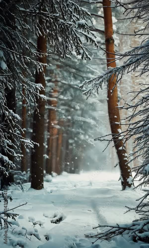 Poster snow-covered path through a serene forest in winter with soft light filtering through trees