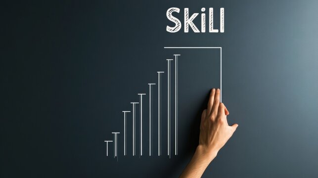 Skill levels growth. Increasing Skills Level. Wireframe hand is pulling up to the maximum position progress bar with the word Skill. Concept of professional or educational knowledge. Vector. EPS10.