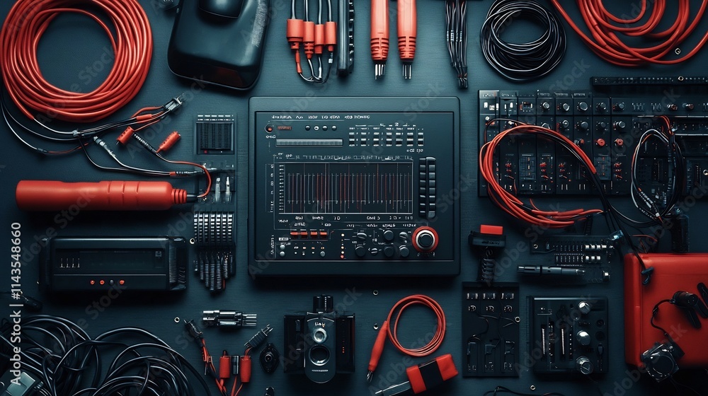 Poster a neatly arranged digital network diagnostic tool with various cables and connectors showcasing a te
