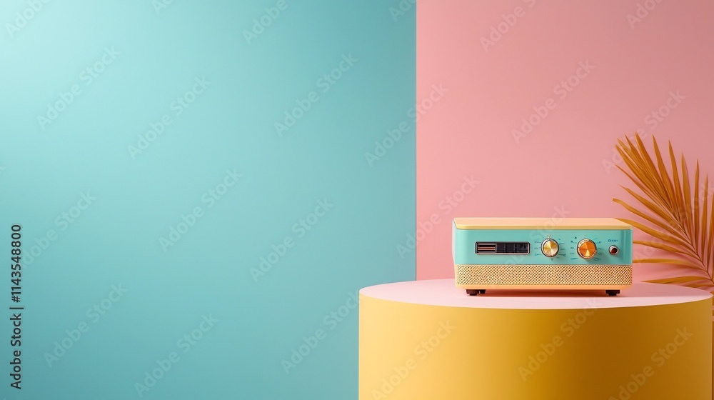 Poster vibrant and modern photograph of a network repeater device placed on a workspace table with ample sp