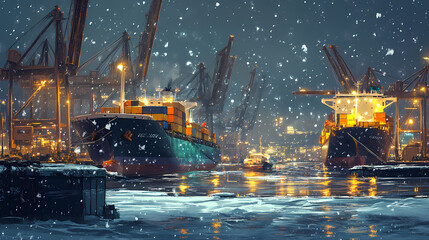 Cargo ships docked at a snowy port at night with cranes and lights. Harbor. Illustration