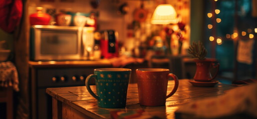 Couple's mugs on a cozy kitchen table, soft lighting for a warm, homely vibe