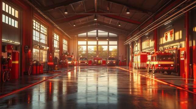 Fire station bay, red trucks, sunset glow.