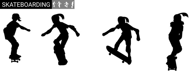 Silhouette of a child playing a skateboard.