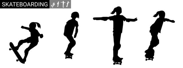 Silhouette of a child playing a skateboard.
