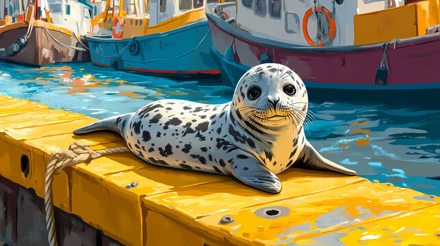 Cute harbor seal pup with black and white spotted fur resting on a bright yellow dock near colorful fishing boats in the harbor. Harbor. Illustration