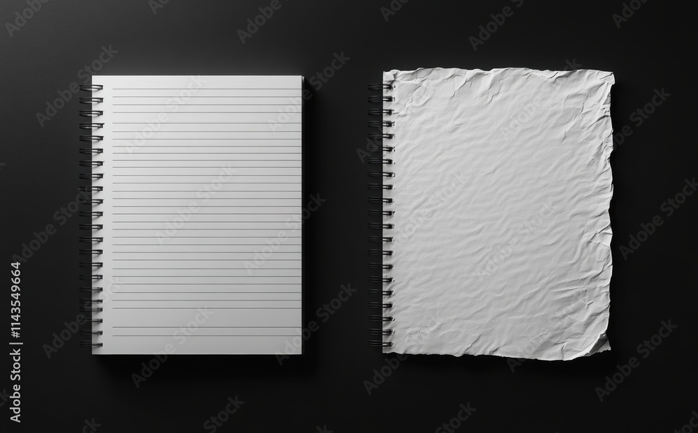 Poster two distinct types of notebooks on a black background: a clean spiral bound notebook with lines and 