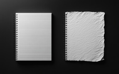 Two Distinct Types of Notebooks on a Black Background: A Clean Spiral Bound Notebook with Lines and a Wrinkled Blank Notebook for Creative Ideas and Notes