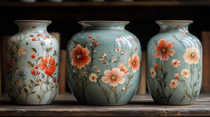 Three floral-patterned vases on wood.