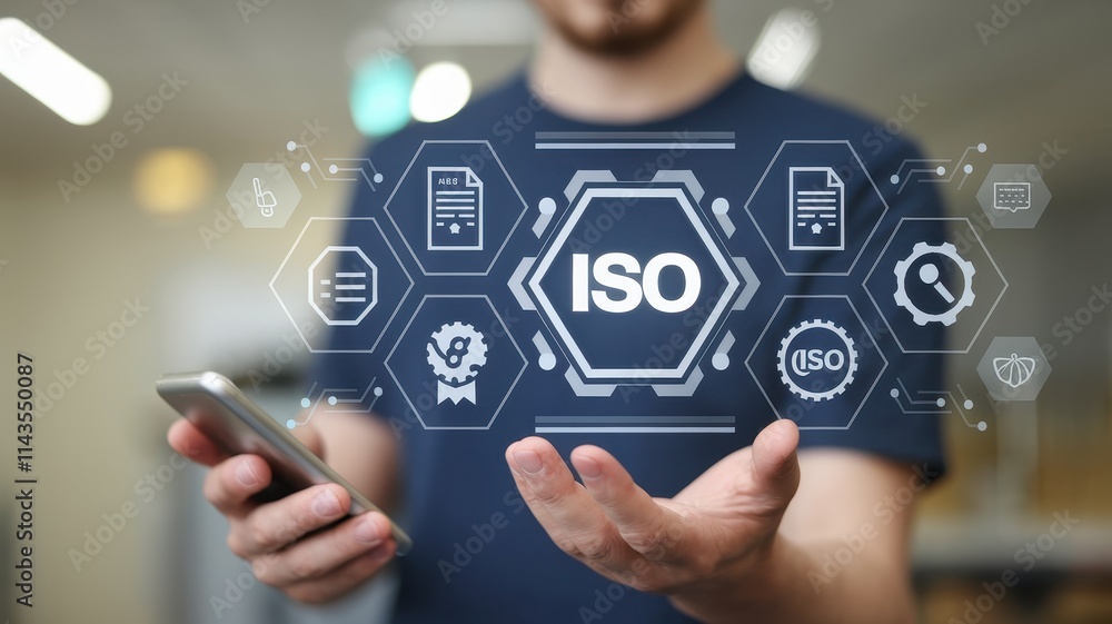 Poster man interacts with a digital iso certification interface