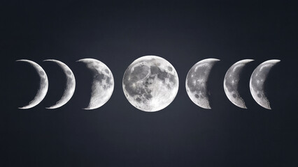 Phases of the Moon Illustration, Lunar Cycle Art in Night Sky for Astronomy and Nature Enthusiasts