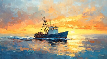 Fototapeta premium Fishing boat sailing smoothly on sea hand-painted realistic style. AI Generated