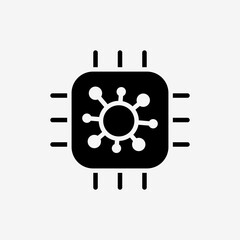 Icon Solid Black Cpu chip micro processor with virus. Technology and system concept,  Glyph style.