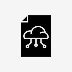 Icon Solid Black Paper file document with Cloud system. Technology and system concept,  Glyph style.