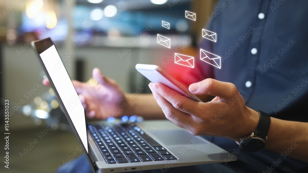 Poster man using laptop and smartphone receiving emails
