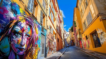 Naklejka premium Vibrant Street Art Adorns Narrow Alleyway Wide Shot Photo. AI Generated