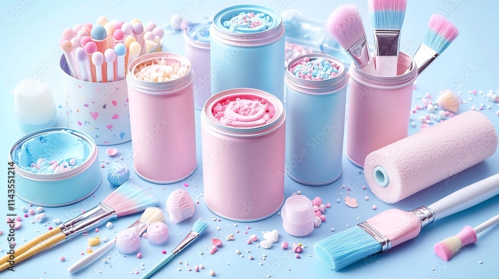 Poster a clean and modern shot of open paint cans in various pastel colors with brushes and rollers placed 