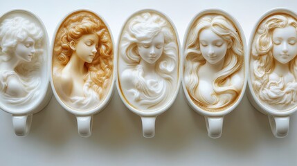 Artful coffee creations display elaborate latte designs that emphasize exceptional craftsmanship and imagination on a pristine white backdrop.