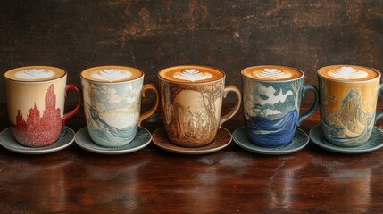 Artful coffee creations feature elaborate latte patterns that demonstrate exceptional craftsmanship and imagination on a pristine, neutral backdrop.