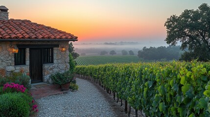 Zoom Virtual Background: Scenic vineyard at sunrise with a rustic house and misty landscape. Sunshine Wallpaper