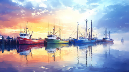 Fototapeta premium A serene harbor scene featuring colorful fishing boats reflected on calm waters under a misty sky. Harbor. Illustration