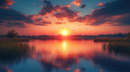 Naklejka premium Vibrant sunset over calm lake with birds flying, reflecting in water.