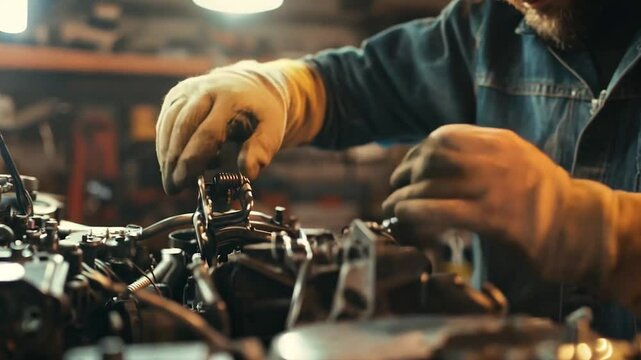 A mechanic wearing gloves carefully repairs a mechanical engine in a detailed and cluttered garage setting, illuminated by warm industrial lighting