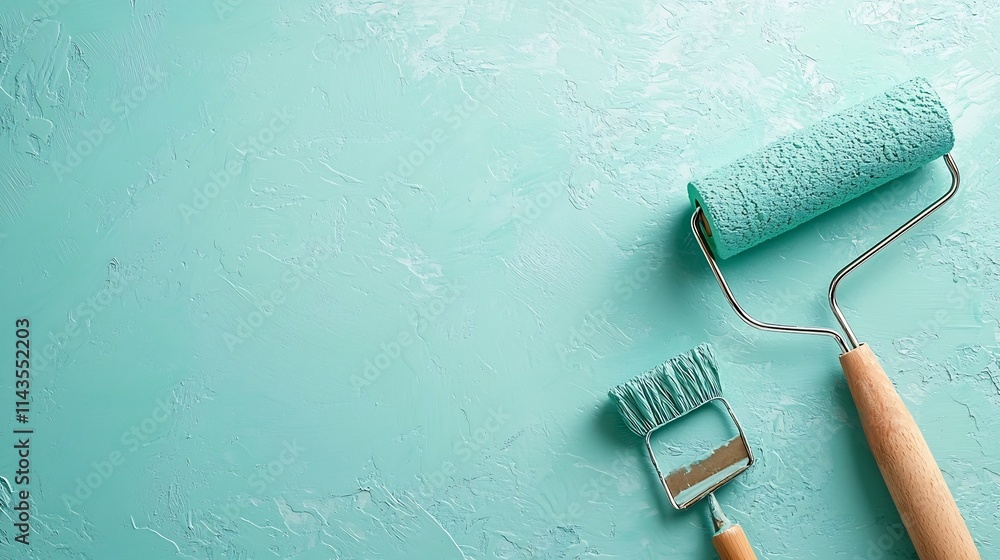 Poster close up of a paint roller evenly applying a soft calming green paint color on a wall creating a fre