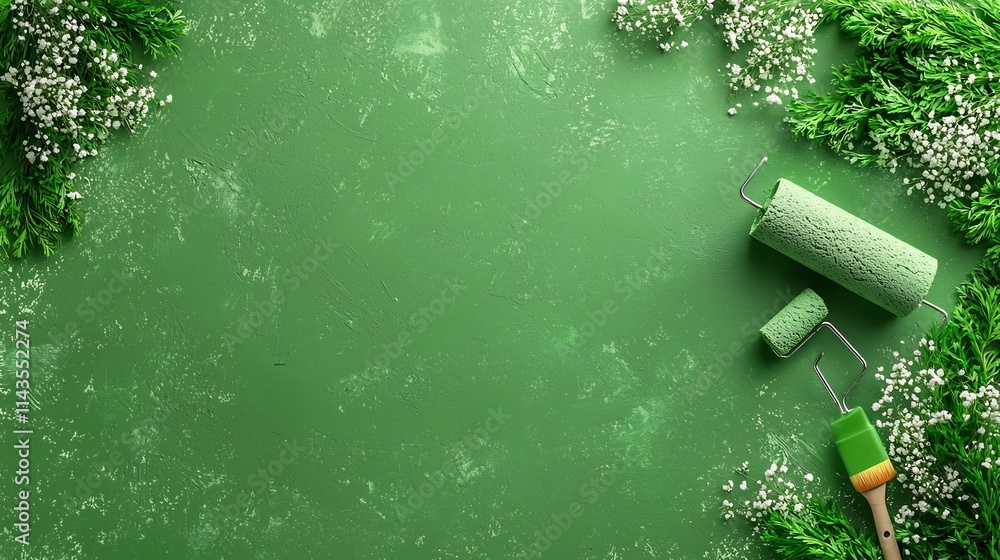 Poster a paint roller applying a soft green paint color evenly across a wall creating a smooth and uniform 