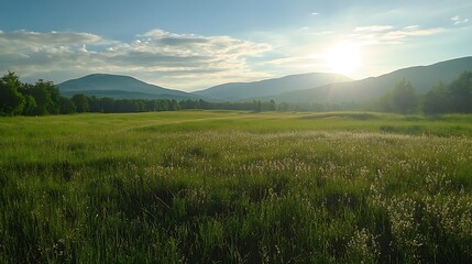 Obraz premium Golden Hour Meadow Landscape Photography: Summer Sunset Over Rolling Hills. AI Generated