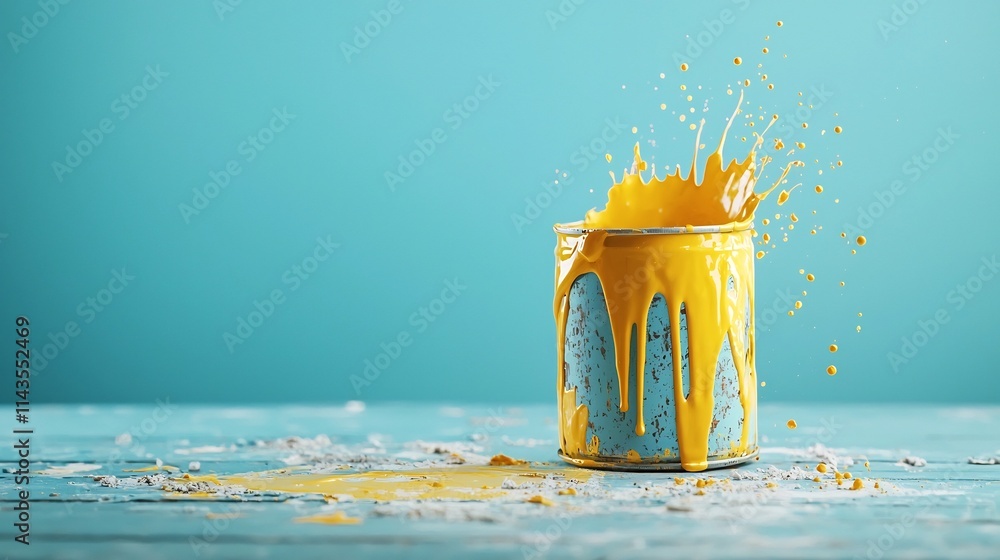 Poster vibrant yellow paint dripping and spilling out from an open paint can creating an abstract backgroun