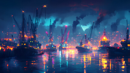 Obraz premium A vibrant night scene of a harbor with illuminated ships and cranes, creating an atmospheric glow over the water. Harbor. Illustration