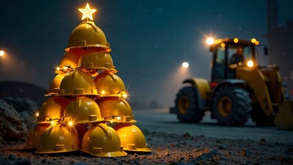 Christmas tree made of yellow construction helmets with glowing garland at a construction site
